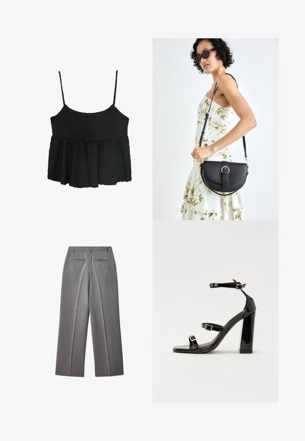 Black peplum top with thin adjustable straps. Textured, crinkled fabric, fitted bodice, flared lower section, no visible hardware or patterns.; Gray tailored trousers with a flat front, straight leg design, two back pockets, and subtle texture.; Black patent high-heeled sandals with two buckle straps, square toe, and a chunky block heel, featuring a smooth, glossy texture.; Black leather handbag with a curved shape, detachable strap, and gold hardware. The bag features a flap with a buckle detail.