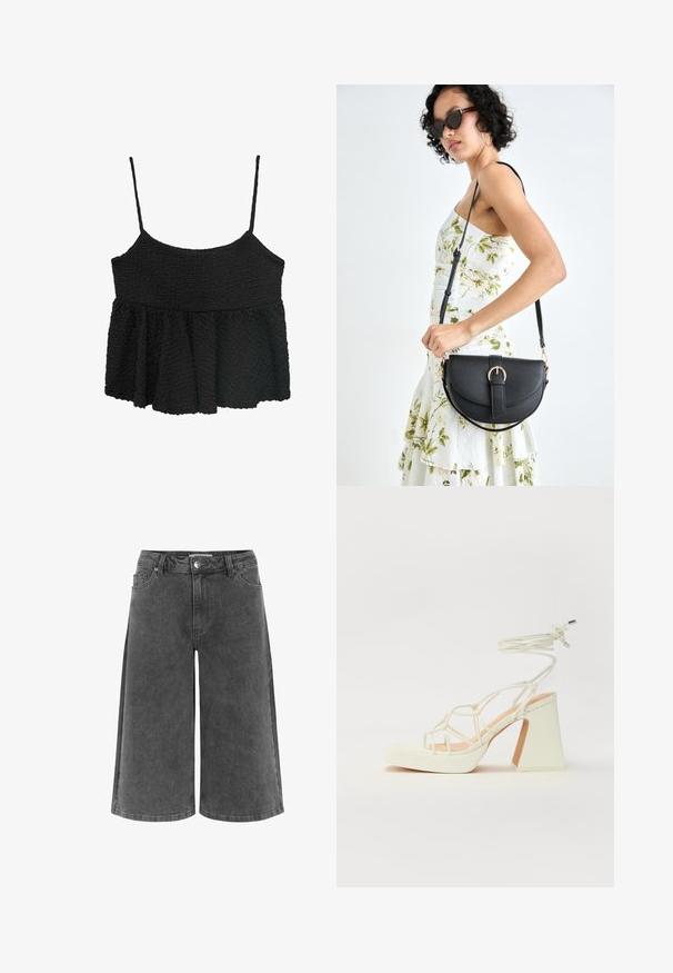 Čierny peplum top s tenkými nastaviteľnými ramienkami. Textúrovaná, zvrásnená tkanina, priliehavý korzet, rozšírená dolná časť, bez viditeľného hardvéru alebo vzorov.; Sivé denimové culottes s voľným strihom, s klasickým pásom, zapínaním na gombík, dvomi prednými vreckami a hladkou textúrou.; Biele sandále na vysokom opätku s hrubým podpätkom, s pruhovaným dizajnom a viazaním na členku. Hladký povrch s platformou vpredu pre zvýšenú výšku.; Čierna kožená kabelka s zaobleným tvarom, odnímateľným popruhom a zlatými doplnkami. Kabelka má klopu s detailom s prackou.