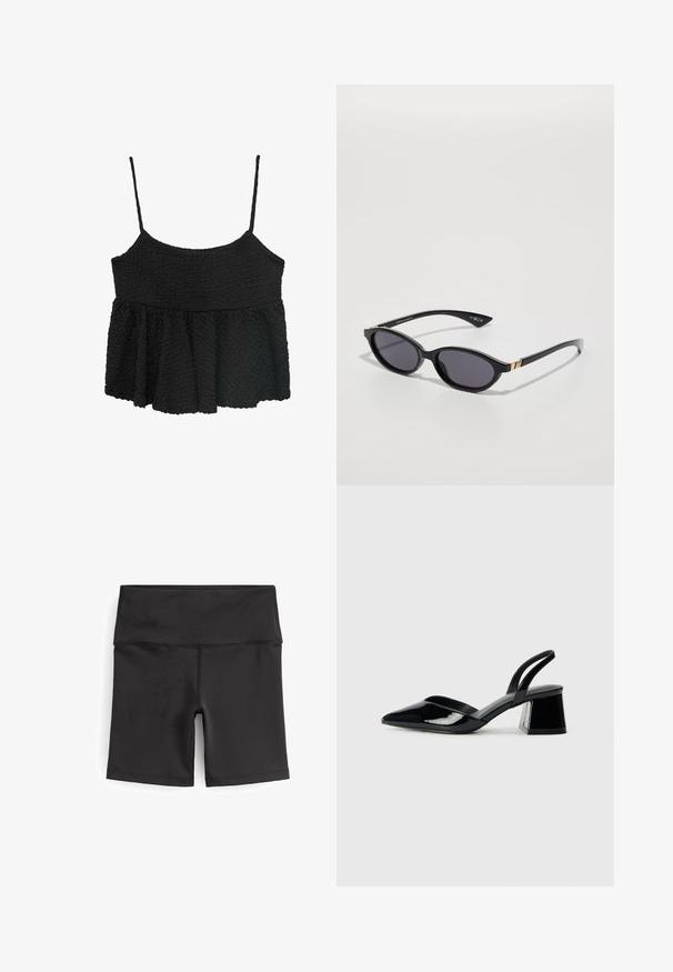Black peplum top with thin adjustable straps. Textured, crinkled fabric, fitted bodice, flared lower section, no visible hardware or patterns.; Next CYCLING - Shorts - ultimate black; Black patent leather slingback heels with a pointed toe and a geometric block heel. Features a sleek, minimal design and smooth texture.; Black sunglasses with oval lenses, dark gradient tint, and slim arms featuring subtle gold accents. Smooth plastic finish.; Black leather handbag with a curved shape, detachable strap, and gold hardware. The bag features a flap with a buckle detail.