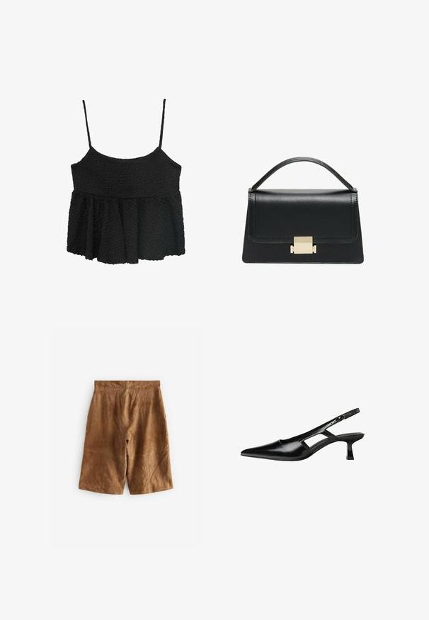 Black peplum top with thin adjustable straps. Textured, crinkled fabric, fitted bodice, flared lower section, no visible hardware or patterns.; Brown suede shorts with a relaxed fit, featuring subtle seam details and a mid-rise waistband. Smooth texture with no visible hardware.; Black patent leather slingback heels with a pointed toe, cut-out side design, and a small square heel. Smooth texture with minimal accents.; Black leather handbag with a structured design, top handle, and a gold metal clasp detail on the front. Smooth texture, minimal stitching.