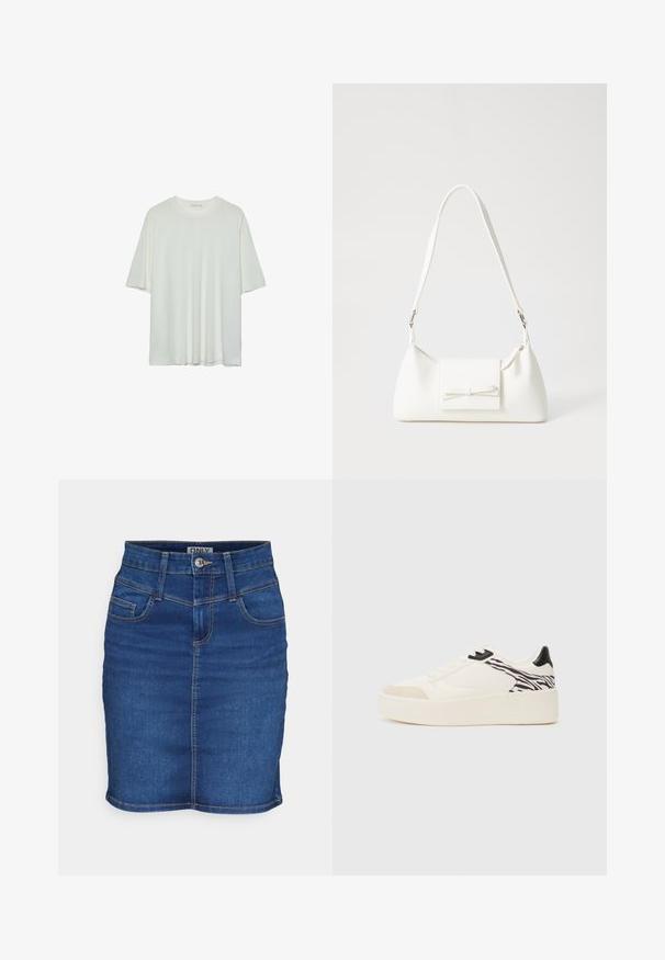 Vit t-shirt med kort ärm, rund halsringning, mjukt bomullsblandat tyg, avslappnad passform, sömlig fåll, minimalistisk design utan utsmyckningar.; Jeanskjol i mörkblått med en figursydd design. Har fem fickor, knappstängning och kontrasterande sömmar längs sidorna.; Even&Odd Sneakers - white/black; Vit syntetisk handväska med triangulär form, platt framklaff och rosettdetalj, justerbar rem, slät textur och minimalistisk design.