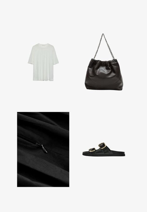 T-shirt blanc à manches courtes, col rond, en tissu doux en mélange de coton, coupe décontractée, ourlet sans couture, design minimaliste sans ornements.; Tissu noir à la texture lisse et avec une fermeture éclair visible. La fermeture éclair a un tirette métallique qui se fond subtilement dans le matériau sombre.; Sandale noire à glissière avec deux accents de boucle en or, en matériau lisse, semelle plate et design minimaliste.; Sac en cuir marron avec un haut froncé et une bandoulière en chaîne. Texture lisse avec une finition brillante et des coutures subtiles sur les côtés.