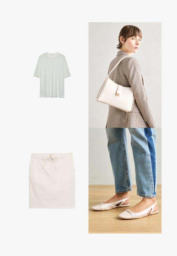 Bela majica s kratkimi rokavi, okroglo izrezana, mehka bombažna mešanica, sproščen kroj, brezšivna rob, minimalističen dizajn brez okrasnih elementov.; Bela bombažna krila z elastiko v pasu, dvema stranskima žepoma in ravnim krojem. Nežnost teksture s gladkim zaključkom.; Svijetloružičaste slingback balerinke s šiljastim nožnim prstima, napravljene od glatkog materijala nalik koži. Imaju izrezane detalje sa strane i ravne pete.; Bela usnjena torba s strukturirano zasnovo, opremljena z magnetnim zapiranjem in naramnico, prikazana na nevtralni ozadju.