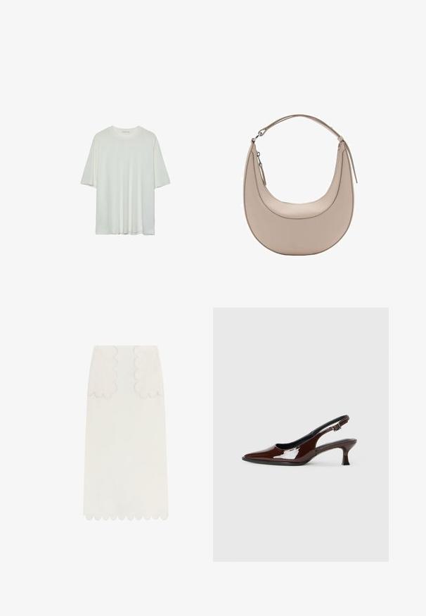 Hvid kortærmet t-shirt, rund halsudskæring, blød bomuldsblanding, afslappet pasform, sømløs kant, minimalistisk design uden udsmykninger.; Scalpers LAIN MIDI - A-snit nederdel - ecru; Brun patenteret læder slingback sko med spids tå og en moderat hæl. Har en spænde rem for en sikker pasform. Glat tekstur.; Beige læder skuldertaske med en halvmåneform, glat overflade og et enkelt buet håndtag. Har en lynlåslukning og pæne syninger.
