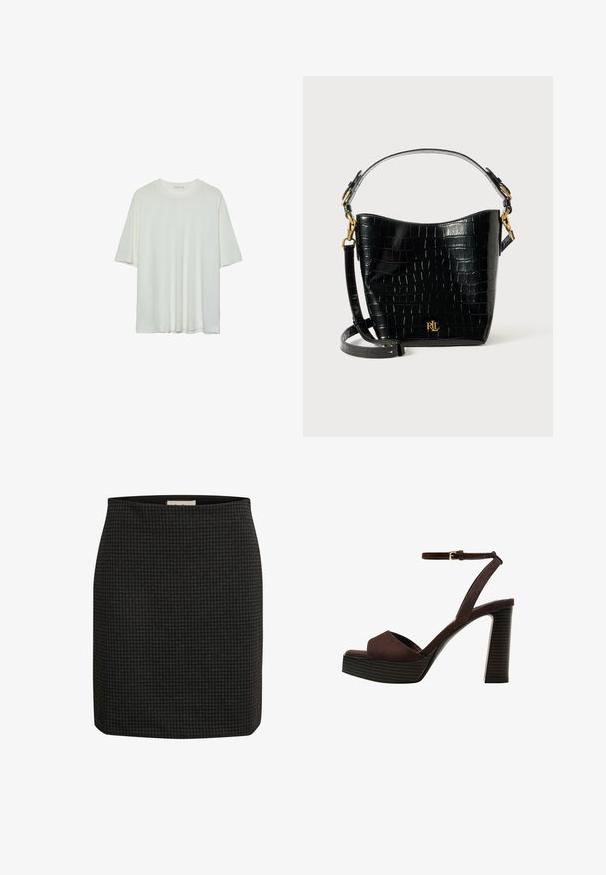 Biele tričko s krátkym rukávom, okrúhly výstrih, jemná bavlnená zmesová tkanina, voľný strih, bezšvový lem, minimalistický dizajn bez ozdôb.; Sukňa s čiernym houndstooth vzorom, s priliehavým strihom, rovnou siluetou a hladkým povrchom. Obsahuje pásik pre zvýšené pohodlie.; Hnedé semišové sandále na vysokom podpätku s otvorenou špičkou, nastaviteľným členkovým remienkom a pruhovanou platformovou podrážkou.; Čierna kabelka z kože s embosovaným hadím vzorom, zakriveného tvaru, so zlatými kovovými doplnkami, nastaviteľným popruhom a detailom loga na prednej strane.