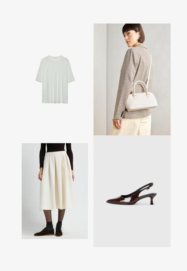 Hvid kortærmet t-shirt, rund halsudskæring, blød bomuldsblanding, afslappet pasform, sømløs kant, minimalistisk design uden udsmykninger.; Kvinde iført en cremet plisseret midi-nederdel med sorte gennemsigtige strømpebukser, mørke glitrende sokker, brune snørebåndssko og en sort ribbet langærmet top.; Brun patenteret læder slingback sko med spids tå og en moderat hæl. Har en spænde rem for en sikker pasform. Glat tekstur.; Hvid struktureret taske med korte håndtag og en skulderrem, prydet med guldfarvede hardwaredetaljer og tekstureret materiale, præsenteret mod en grå baggrund.