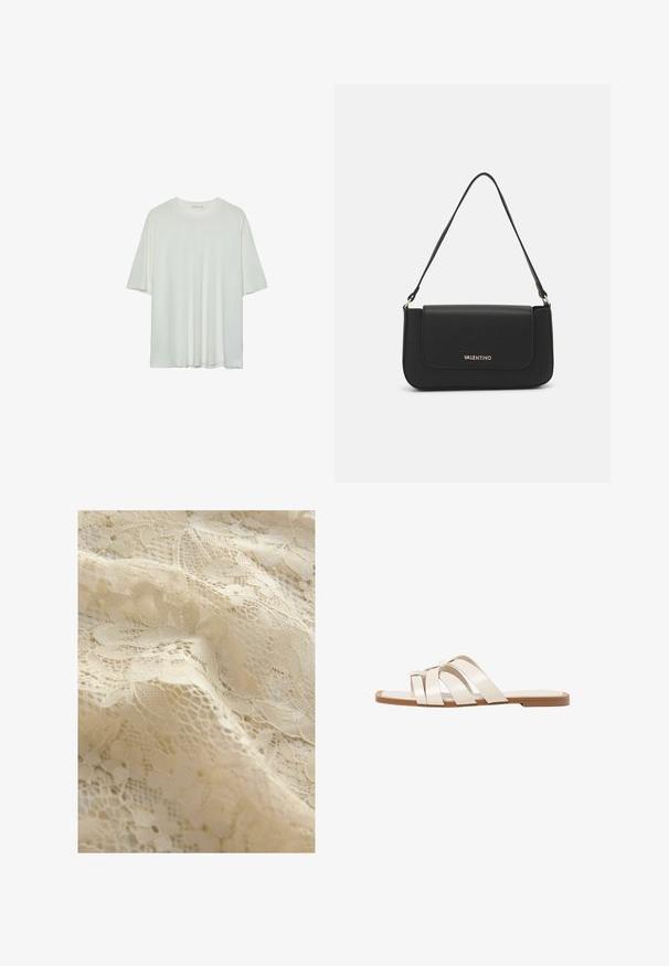 Valkoinen lyhythihainen t-paita, pyöreä pääntie, pehmeä puuvillasekoitekangas, rento malli, saumaton helma, minimalistinen muotoilu ilman koristeluja.; Beige pitsikangas, millel on lillemustrid, keerukad detailid, erinevad tekstuurid ja õrn, läbinägev välimus.; Tason vaaleanruskealla kumipohjalla, jossa on kolme päällekkäistä valkoista nahkaremmiä ja pieni satiininen rusetti keskellä.; Mustat keinonahkaiset olkalaukut, joissa on läppäkiinnitys, kultainen logo-aksentti ja ohut säädettävä hihna. Sileä pinta, suorakulmainen muotoilu.