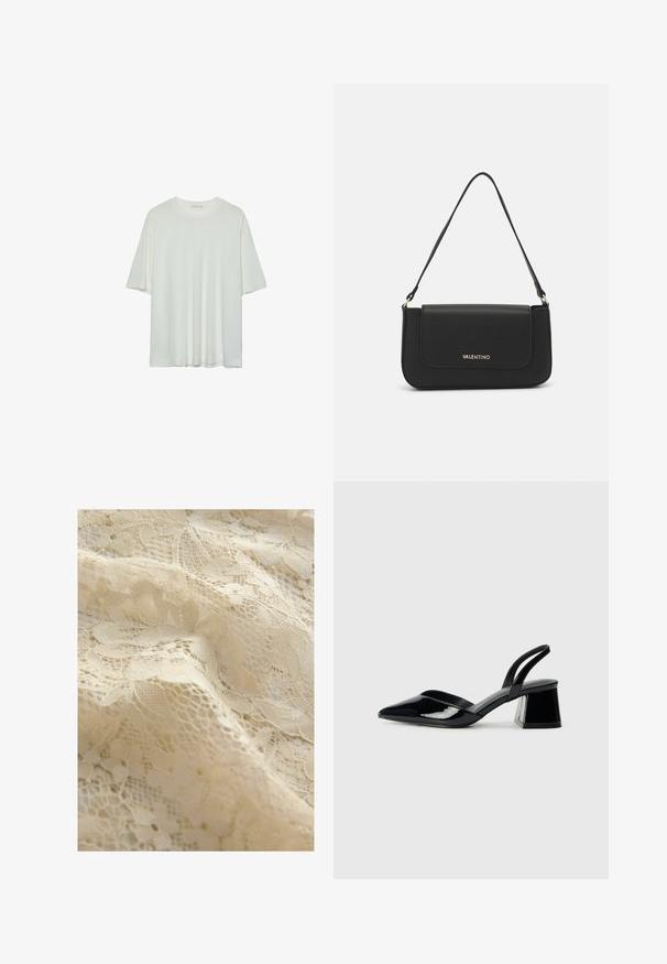 Valkoinen lyhythihainen t-paita, pyöreä pääntie, pehmeä puuvillasekoitekangas, rento malli, saumaton helma, minimalistinen muotoilu ilman koristeluja.; Beige pitsikangas, millel on lillemustrid, keerukad detailid, erinevad tekstuurid ja õrn, läbinägev välimus.; Mustat patentoitu nahkakengät, joissa on säären takaosa ja terävä kärki, sekä geometrinen palikkakorko. Sisältää tyylikkään, minimalistisen muotoilun ja sileän pinnan.; Mustat keinonahkaiset olkalaukut, joissa on läppäkiinnitys, kultainen logo-aksentti ja ohut säädettävä hihna. Sileä pinta, suorakulmainen muotoilu.