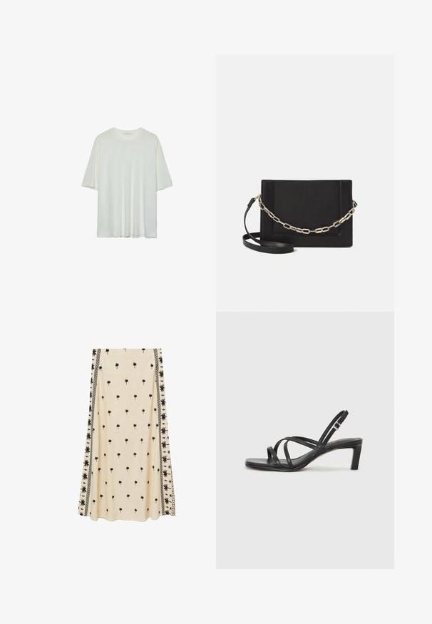 Bela majica s kratkimi rokavi, okroglo izrezana, mehka bombažna mešanica, sproščen kroj, brezšivna rob, minimalističen dizajn brez okrasnih elementov.; Krzno-bež krilo z majhnim črnim printom palmovih dreves, ki ima zapletene črne robne vzorce ob straneh, izdelano iz lahkega materiala.; Črne natikače s trakovi in kvadratnim prstom ter nizkim blokastim peto. Imajo več tankih trakov in nastavljiv trak okoli gležnja. Narejene so iz gladkega usnja.; Črna usnjena torba čez ramo z gladko teksturo, pravokotno obliko in kovinskim verižnim detajlom spredaj. Vključena je nastavljiva naramnica.