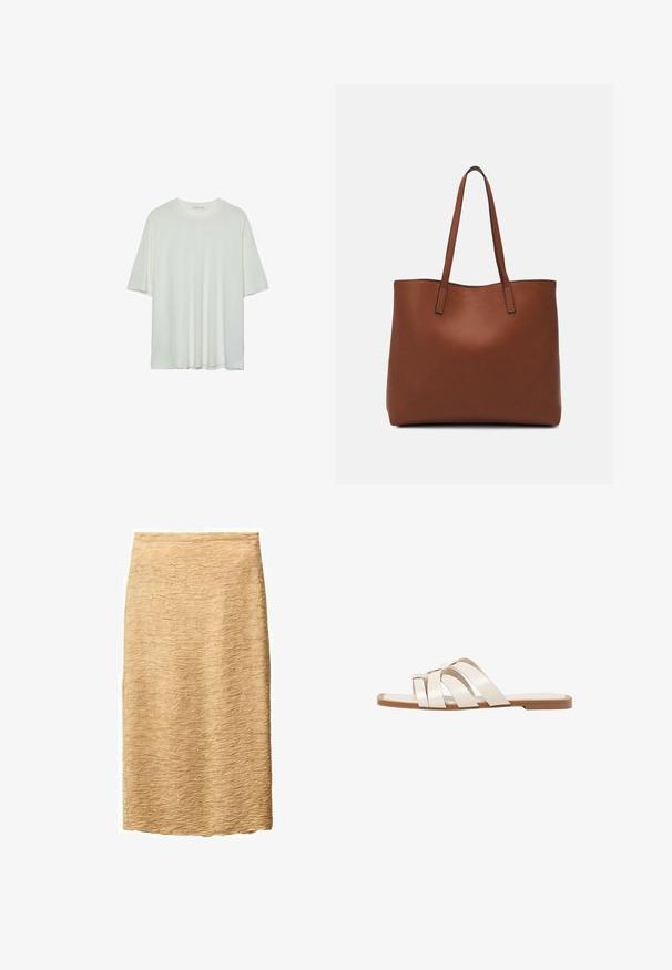 T-shirt bianco a maniche corte, colletto rotondo, tessuto misto cotone morbido, vestibilità rilassata, orlo senza cuciture, design minimalista senza decorazioni.; Gonna a matita beige con superficie testurizzata, caratterizzata da un sottile motivo a onde. Lunghezza al ginocchio e realizzata in un tessuto leggero.; Infradito con suola in gomma color talpa, progettate con tre cinturini in pelle bianca sovrapposti e un piccolo dettaglio a fiocco al centro.; Borsa tote in pelle marrone con texture liscia, design con apertura superiore e due spallacci. Presenta cuciture minime e nessun hardware visibile.