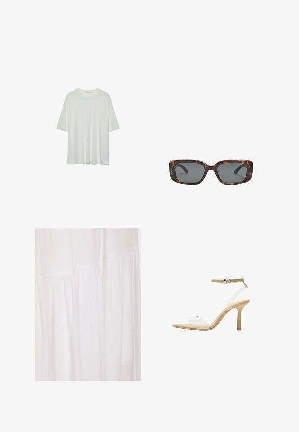 Biele tričko s krátkym rukávom, okrúhly výstrih, jemná bavlnená zmesová tkanina, voľný strih, bezšvový lem, minimalistický dizajn bez ozdôb.; Biela tkaninová šaty so štruktúrovaným povrchom a jemnými skladmi, s neformálnymi dizajnovými prvkami, ktoré vytvárajú splývavú siluetu.; Priehľadné sandále na vysokom podpätku s transparentným zvrškom, béžovou stielkou a štíhlym remienkom na členku. Majú špicatú špičku a tenký vysoký podpätok.; Rámiky slnečných okuliarov v štýle korytnačiny s obdĺžnikovými šošovkami, hrubými rámami a tmavými tónovanými šošovkami. Hladký povrch a minimalistický dizajn.