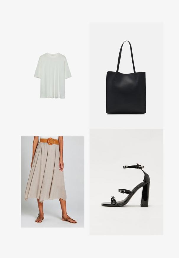 T-shirt bianco a maniche corte, colletto rotondo, tessuto misto cotone morbido, vestibilità rilassata, orlo senza cuciture, design minimalista senza decorazioni.; Gonna midi beige a linea A realizzata in tessuto testurizzato, dotata di una cintura arancione intrecciata con una fibbia circolare e abbinata a sandali piatti marroni.; Sandali con tacco in vernice nera, con punta squadrata, cinturini alla caviglia e fibbie in argento. Presentano un tacco a blocco spesso per maggiore stabilità.; Borsa tote in pelle nera con texture liscia, forma rettangolare e due manici lunghi. Nessun hardware o decorazione visibile.