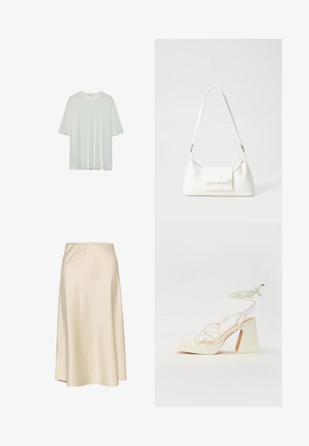 Bílý krátký rukáv tričko, kulatý výstřih, měkká kombinace bavlny, uvolněný střih, bezšvový lem, minimalistický design bez zdobení.; Bežová saténová áčková sukně s elastickým pasem, hladkou texturou a splývavým střihem, který se jemně zužuje směrem k lemu.; Bílé sandály na vysokém podpatku s robustním podpatkem, s designem s pásky a zavazováním kolem kotníku. Hladký povrch s platformou vpředu pro zvýšení výšky.; Bílá syntetická kabelka v trojúhelníkovém tvaru, s plochým předním klopným víkem a detailem mašle, nastavitelným popruhem, hladkým povrchem a minimalistickým designem.