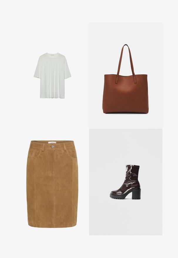 T-shirt blanc à manches courtes, col rond, en tissu doux en mélange de coton, coupe décontractée, ourlet sans couture, design minimaliste sans ornements.; Jupe crayon en daim marron avec une texture lisse, poches avant, fermeture à bouton et détails de couture verticaux.; Bottines bordeaux brillantes à talon épais noir, avec une texture lisse et un design simple. Aucune fermeture visible ni motifs.; Sac fourre-tout en cuir marron avec une texture lisse, design à ouverture supérieure et deux poignées pour le porter à l'épaule. Présente des coutures minimales et aucun matériel visible.