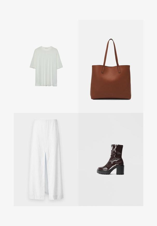 Bijela kratka t-shirtica s kratkim rukavima, okrugli izrez, mekan pamukasti materijal, opušteni kroj, bešavni rub, minimalistički dizajn bez ukrasa.; Bijela midi suknja s vertikalnim sivim prugama, s prednjim prorezom. Izrađena od laganog materijala, pruža opušten oblik s jasnom strukturom.; Sjajna burgundska čizma do gležnja s debelim crnim potplatom, koja se odlikuje glatkom teksturom i jednostavnim dizajnom. Nema vidljivih kopčanja ili uzoraka.; Smeđa kožna torba preko ramena s glatkom teksturom, otvorenim vrhom i dvjema naramenicama. Ima minimalne šavove i nema vidljivog hardvera.