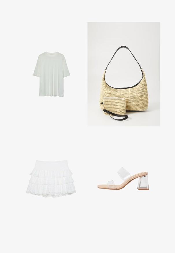 Bela majica s kratkimi rokavi, okroglo izrezana, mehka bombažna mešanica, sproščen kroj, brezšivna rob, minimalističen dizajn brez okrasnih elementov.; Bela, črtasta mini krila iz teksturirane čipke s tremi plasti. Elastični pas omogoča raztegljivost. Brez dodatnih okrasnih elementov.; Prozorne sandale na peto z dvema prozornima naramnicama, bež podlago in geometrijsko prozorno blok peto. Minimalističen dizajn z gladko teksturo.; Tkana torbica iz slame s zakrivljenim siluetom, ki vključuje gladek črn usnjen trak in usklajen majhen žep, pritrjen z ročajem za zapestje.