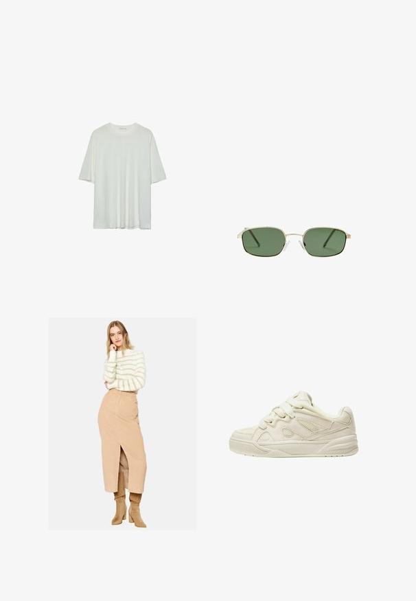 Valkoinen lyhythihainen t-paita, pyöreä pääntie, pehmeä puuvillasekoitekangas, rento malli, saumaton helma, minimalistinen muotoilu ilman koristeluja.; Beige corduroy kietos sijonas, vidutinio ilgio su priekiu plyšiu. Balta megztinis šviesiomis horizontalios juostelėmis. Šviesiai rudos kelių ilgio batai.; Beige lenkkarit, joissa on teksturoitu päällinen, huomiota herättävät nauhat, verkkopaneelit ja paksu pohja. Kaareva muotoilu ja pehmustettu nilkkareunus mukavuutta varten.; Aurinkolasit, joissa on kultainen metallikehys, vihreät linssit, suorakulmainen muoto ja kirkkaat muoviset nenätyynyt. Ohut ja hoikka varsi, jossa on minimaalinen muotoilu.; Ruskea mokkanahkainen hobo-laukku, jossa on kaareva yläosa, pitkä hihna, jossa on pistekoristeet, ja pehmeä pinta. Ominaisuuksiin kuuluu rento muotoilu, joka sopii arkikäyttöön.