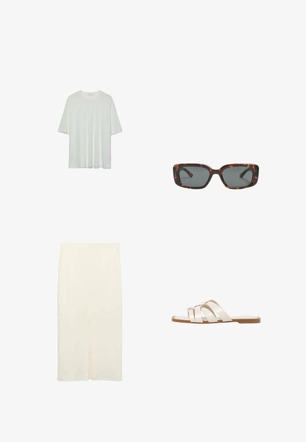 Biele tričko s krátkym rukávom, okrúhly výstrih, jemná bavlnená zmesová tkanina, voľný strih, bezšvový lem, minimalistický dizajn bez ozdôb.; Krémy midi sukňa s priliehavým strihom, ktorá má predný rozparok pre väčší detail, vyrobená z hladkej tkaniny s jemnou textúrou.; Ploché sandále s hnedou gumovou podrážkou, navrhnuté s tromi prekrývajúcimi sa bielymi koženými popruhmi a malou mašličkou uprostred.; Rámiky slnečných okuliarov v štýle korytnačiny s obdĺžnikovými šošovkami, hrubými rámami a tmavými tónovanými šošovkami. Hladký povrch a minimalistický dizajn.