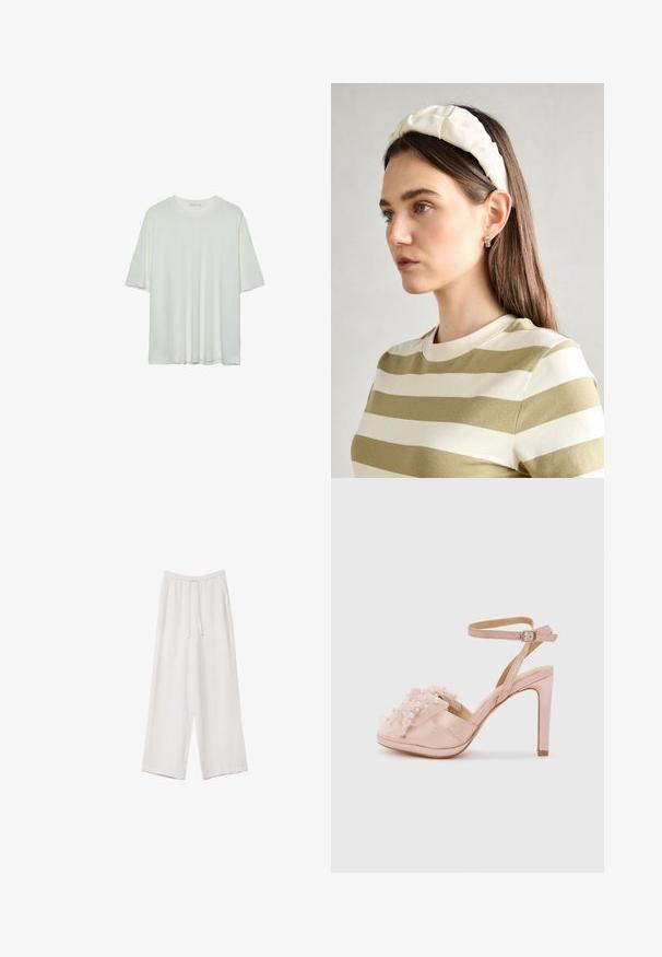 Bela majica s kratkimi rokavi, okroglo izrezana, mehka bombažna mešanica, sproščen kroj, brezšivna rob, minimalističen dizajn brez okrasnih elementov.; Bele široke hlače iz lahkega materiala. Imajo elastičen pas s vrvico in stranske žepe. Gladka tekstura.; Svetlo roza satenske sandale na visoki peti z nabrano tilasto dekoracijo, okrašene s szt. biseri, z naramnicami za gleženj in odprtim prstom.; Kremna ušesna traka s prepletenim dizajnom, uparjena s bež in belimi črtastimi majicami z okroglim izrezom. Diskretni nakit.
