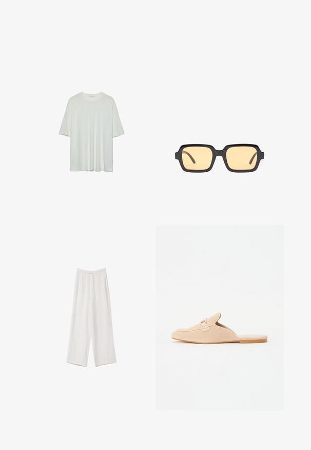 Vit t-shirt med kort ärm, rund halsringning, mjukt bomullsblandat tyg, avslappnad passform, sömlig fåll, minimalistisk design utan utsmyckningar.; Vita vida byxor i vid passform gjorda av ett lättviktsmaterial. Har en elastisk midja med dragsko och sidofickor. Slät textur.; Beige mockasiner i mocka med stängd tå, som har en dekorativ spänndetalj och en platt korksula. Slät textur med minimalistisk design.; Svarta rektangulära solglasögon med gula linser, lättviktsram och distinkta trubbiga kanter på stängerna. Slät, glänsande yta.