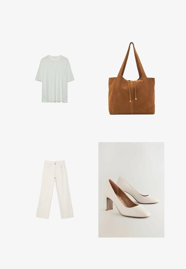 Bijela kratka t-shirtica s kratkim rukavima, okrugli izrez, mekan pamukasti materijal, opušteni kroj, bešavni rub, minimalistički dizajn bez ukrasa.; Bijele široke traperice s visokim strukom, prednjim džepovima i dugmetom za zatvaranje. Čist dizajn s minimalnim naglascima.; Bijele kožne cipele na visoku petu s šiljastim nosom i debelim blok petama. Teksturirana površina s glatkim unutrašnjim dijelom.; Smeđa antilop torba za ruke s dva duga remena, zatvaranje na vezicu i minimalistički dizajn. Glatka tekstura i bez vidljivih metalnih elemenata.