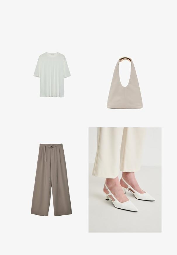 Biele tričko s krátkym rukávom, okrúhly výstrih, jemná bavlnená zmesová tkanina, voľný strih, bezšvový lem, minimalistický dizajn bez ozdôb.; Široké nohavice v jemnej, tlmenej šedej tkanine, s opaskom v pase a vreckami pre dodatočný dizajnový detail. Hladký povrch, bez vzorov.; Biele lodičky so špicatou špičkou a nízkym blokovým podpätkom. Majú výrezové bočné panely a nastaviteľný remienok na členku pre zabezpečené uchytenie.; Svetlosivá kožená taška s U-tvarom a zakrivenou kovovou rukoväťou. Hladký povrch s minimálnym prešívaním a bez viditeľných vzorov.