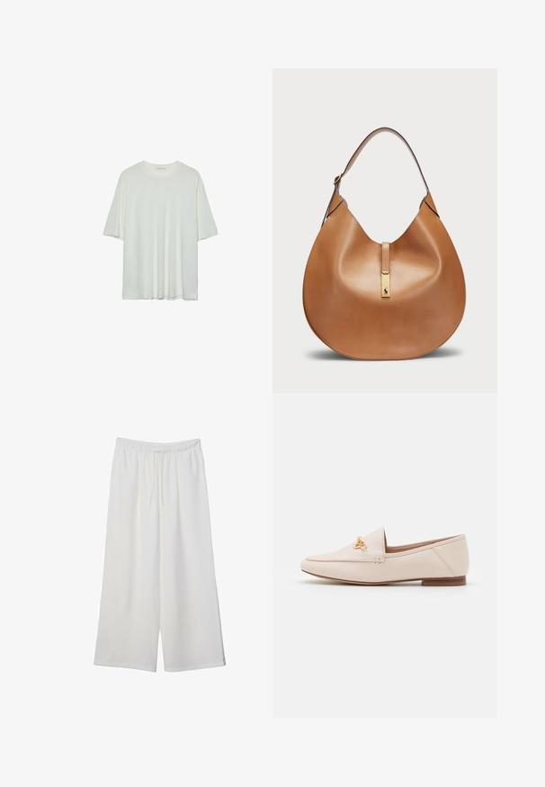 Weißes Kurzarm-T-Shirt, runder Halsausschnitt, weicher Baumwollmischstoff, lockere Passform, nahtsaum, minimalistisches Design ohne Verzierungen.; Weiße, weit geschnittene Hosen aus leichtem Stoff, mit einem elastischen Bund und einem Zugband für eine verstellbare Passform. Glatte Textur.; Beige Lederloafers mit sleekem Design, spitzem Zehenbereich und goldenen Hardware-Akzenten. Niedriger brauner Absatz für Stabilität und Komfort.; Taschenhandtasche aus braunem Leder mit geschwungener Form und breitem Schultergurt. Sie verfügt über einen goldenen Metallakzent in der Mitte und eine glatte Textur.