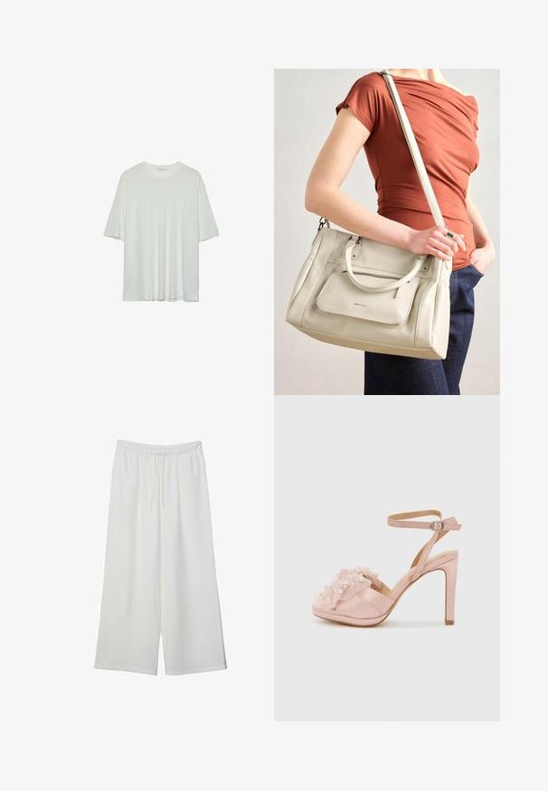 Bílý krátký rukáv tričko, kulatý výstřih, měkká kombinace bavlny, uvolněný střih, bezšvový lem, minimalistický design bez zdobení.; Bílé kalhoty s širokými nohavicemi vyrobené z lehké tkaniny, s elastickým pasem a stahovací šňůrkou pro nastavitelnou velikost. Hladká textura.; Světle růžové saténové sandály na vysokém podpatku s volánkovým detailem z tylu zdobené umělými perlami, s kotníkovým páskem a otevřenou špičkou.; Bílá kožená kabelka s dvojitými uchy a odnímatelným popruhem, která má přední zipovou kapsu a hladký povrch. Nese se na paži osoby.