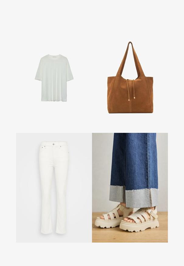 Bela majica s kratkimi rokavi, okroglo izrezana, mehka bombažna mešanica, sproščen kroj, brezšivna rob, minimalističen dizajn brez okrasnih elementov.; Bela kavbojka z razširjenimi hlačnicami, ki ima srednje visok pas, sprednje gumbno zapenjanje in minimalne šive, kar nudi gladko teksturo.; Bež platformske sandale s debelimi podplati imajo trakove in nastavljive gležnjske trakove. Ustrezajo širokim jeans hlačam, pri katerih je eden robov razfrčan.; Rjava semiš torba z dvema dolgima ročajema, z vrvico za zapiranje in minimalističnim dizajnom. Gladka tekstura in brez vidnih kovinskih dodatkov.