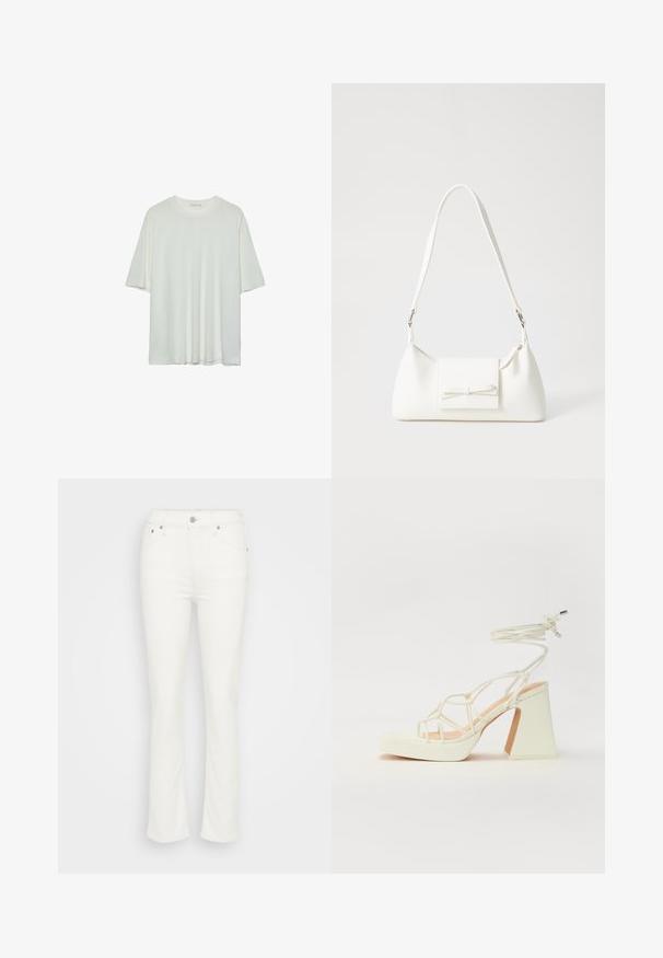 Bela majica s kratkimi rokavi, okroglo izrezana, mehka bombažna mešanica, sproščen kroj, brezšivna rob, minimalističen dizajn brez okrasnih elementov.; Bela kavbojka z razširjenimi hlačnicami, ki ima srednje visok pas, sprednje gumbno zapenjanje in minimalne šive, kar nudi gladko teksturo.; Bela sandala na visokih petah s debelim petam, ki ima obliko trakcev in vezanje okoli gležnja. Gladka tekstura z platformo spredaj za dodatno višino.; Bela sintetična torbica v obliki trikotnika, z ravnim sprednjim poklopcem in detajlom mašne, nastavljivim trakom, gladko teksturo in minimalističnim dizajnom.