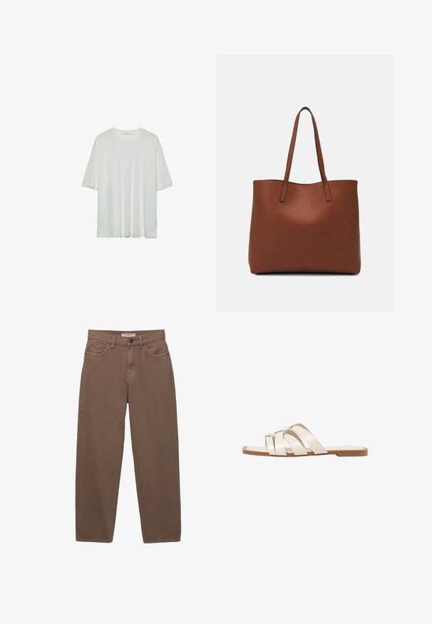 Bela majica s kratkimi rokavi, okroglo izrezana, mehka bombažna mešanica, sproščen kroj, brezšivna rob, minimalističen dizajn brez okrasnih elementov.; Rjave bombažne denim hlače z ohlapen krojem, petimi žepi in zadrgo. Imajo subtilno teksturo in klasične šive.; Ravne sandale s svetlo rjavim gumijastim podplatom, zasnovane s tremi prekrivajočimi se belimi usnjenimi trakovi in majhnim lokom na sredini.; Rjava usnjena torba z gladko teksturo, odprto zasnovo zgoraj in dvema naramnima trakovoma. Opremljena je z minimalnim šivanjem in brez vidnih kovinskih delov.