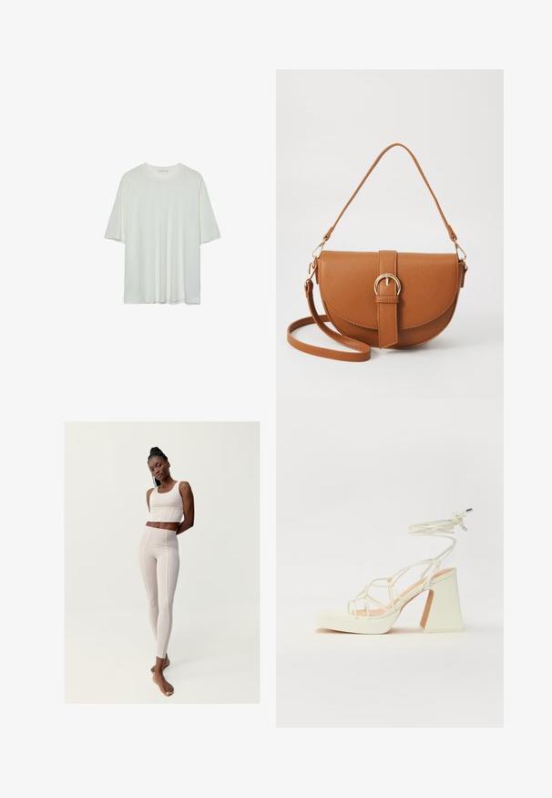T-shirt bianco a maniche corte, colletto rotondo, tessuto misto cotone morbido, vestibilità rilassata, orlo senza cuciture, design minimalista senza decorazioni.; Set atletico beige chiaro composto da una canotta corta e leggings a vita alta con cuciture gialle. Texture liscia, design aderente.; Sandalo bianco con tacco alto, caratterizzato da un design a cinturini e un legaccio alla caviglia. Texture liscia con una piattaforma frontale per un'altezza aggiuntiva.; Borsa a tracolla in pelle marrone con forma curvata, hardware dorato e un dettaglio con fibbia. Presenta una tracolla rimovibile.