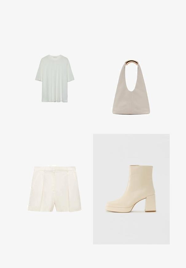 Bela majica s kratkimi rokavi, okroglo izrezana, mehka bombažna mešanica, sproščen kroj, brezšivna rob, minimalističen dizajn brez okrasnih elementov.; Kremna oblačila z izjemo hlače z naborki, ki imajo gladko teksturo in strukturiran pas. Sprednji žepi na vsaki strani.; Bež usnjena gležnjarica z blok peto in platformo, gladka površina in rahlo kvadratni prst, obrnjena levo na belem ozadju.; Svetlo siva usnjena torba z U-oblika zasnovo in ukrivljenim kovinskim ročajem. Gladka tekstura z minimalnim šivom in brez vidnih vzorcev.