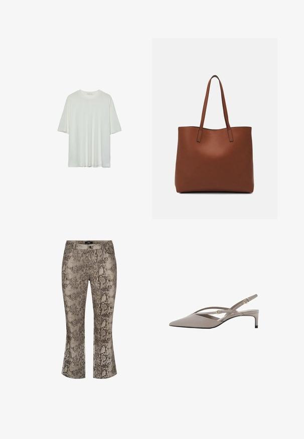 Hvid kortærmet t-shirt, rund halsudskæring, blød bomuldsblanding, afslappet pasform, sømløs kant, minimalistisk design uden udsmykninger.; Slangeskindsprintede, flagrende jeans i afdæmpede beige og brune nuancer. Denim materiale med en struktureret overflade. Standard fem-lomme design og front lynlås.; Beige slingback hæle med spidse tæer, tynde krydsede stropper og en kort stiletto hæl. Glat stof med hardware i guld-tone.; Brun læder tote taske med en glat overflade, åben topdesign og to skulderremme. Har minimal syning og ingen synlig hardware.