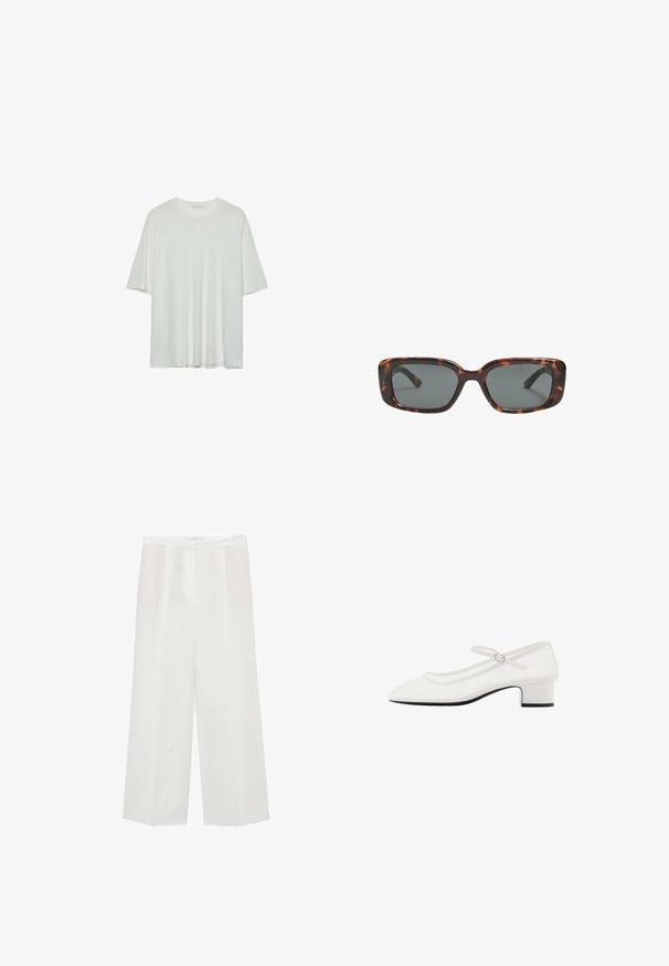 Bijela kratka t-shirtica s kratkim rukavima, okrugli izrez, mekan pamukasti materijal, opušteni kroj, bešavni rub, minimalistički dizajn bez ukrasa.; Bijele široke hlače od laganog materijala s glatkom teksturom, s suptilnim plisama i krojenim pojasom.; Bijela cipelica Mary Jane od patentirane kože s zaobljenim prstom, srednje visokim debelim potplatom i podesivim remenom s srebrnom kopčom.; Smešane sunčane naočale s pravokutnim lećama, debelim okvirom i tamnim lećama. Glatka tekstura i minimalistički dizajn.