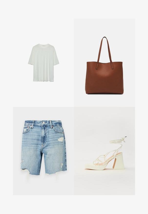 Weißes Kurzarm-T-Shirt, runder Halsausschnitt, weicher Baumwollmischstoff, lockere Passform, nahtsaum, minimalistisches Design ohne Verzierungen.; Helle blaue Denim-Shorts mit hoher Taille. Mit verwaschenen Details, fransigem Saum und mehreren Taschen. Klassisches Fünf-Taschen-Design.; Weiße High-Heel-Sandale mit einem klobigen Absatz, die über ein Riemchendesign und ein Knöchelband verfügt. Glatte Textur mit einer Plattform vorne für zusätzliche Höhe.; Braune Leder-Tote mit glatter Textur, offenem Oberteil und zwei Schulterriemen. Verfügt über minimale Nähte und keine sichtbaren Beschläge.