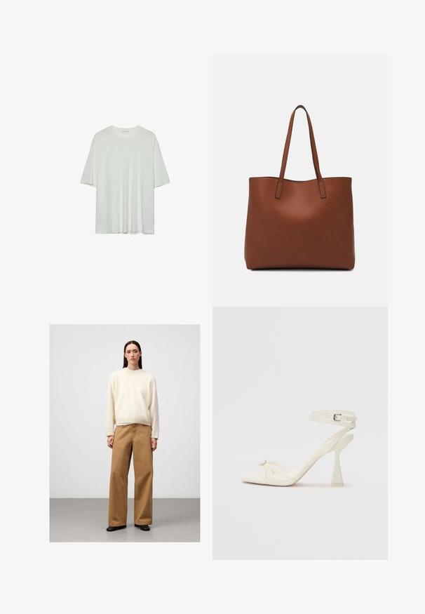 Biała koszulka z krótkim rękawem, okrągły dekolt, miękka tkanina bawełniana, luźny krój, bezszwowy dół, minimalistyczny design bez zdobień.; Kremowy sweter wykonany z puszystego materiału, zestawiony z jasnobrązowymi spodniami o szerokich nogawkach. Prosty design z minimalnymi akcentami. Czarne buty dopełniają całość.; Białe skórzane sandały na wysokim obcasie z paskami, o smukłym wyglądzie, z przezroczystym słupkiem i ozdobnym elementem na palcach.; Brązowa skórzana torba tote o gładkiej fakturze, z otwartym wierzchem i dwoma ramiączkami. Charakteryzuje się minimalnym przeszyciem i brakiem widocznych elementów metalowych.
