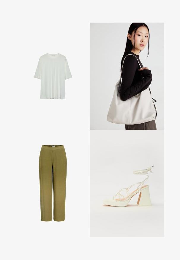Weißes Kurzarm-T-Shirt, runder Halsausschnitt, weicher Baumwollmischstoff, lockere Passform, nahtsaum, minimalistisches Design ohne Verzierungen.; Weite Hose in Olivgrün. Aus einem strukturierten Stoff mit elastischem Bund gefertigt, verfügt sie über eine glatte Oberfläche und keine sichtbaren Beschläge.; Weiße High-Heel-Sandale mit einem klobigen Absatz, die über ein Riemchendesign und ein Knöchelband verfügt. Glatte Textur mit einer Plattform vorne für zusätzliche Höhe.; Beige Handtasche aus weichem Material, mit einem lässigen Design, gesteppten Details und zwei Schulterriemen. Geeignet für den täglichen Gebrauch.