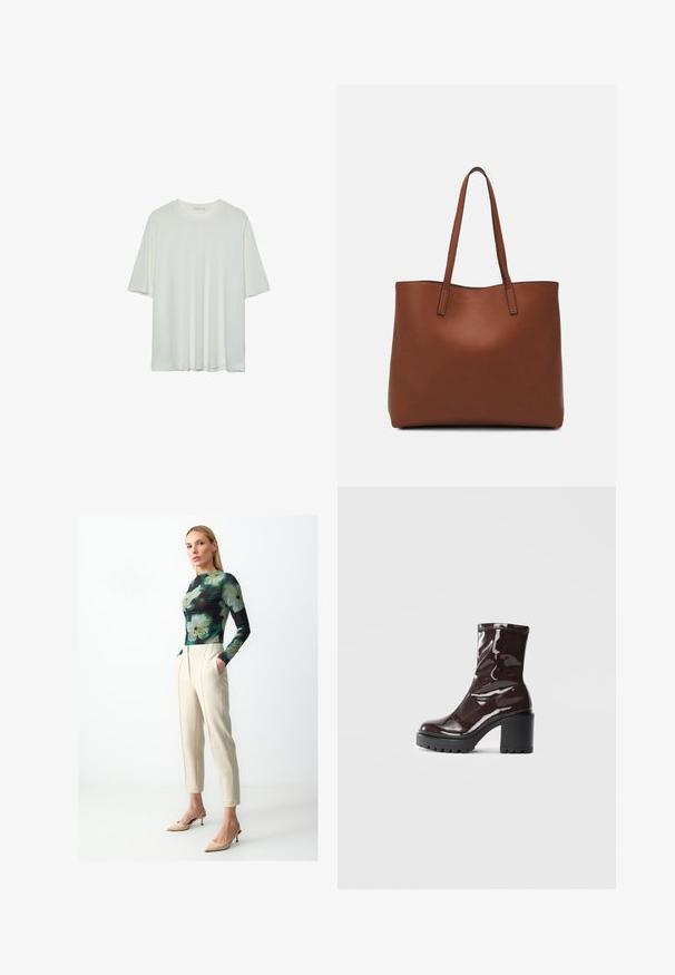 Weißes Kurzarm-T-Shirt, runder Halsausschnitt, weicher Baumwollmischstoff, lockere Passform, nahtsaum, minimalistisches Design ohne Verzierungen.; Langärmliges Oberteil mit einem floralen Muster in Grün und Schwarz, kombiniert mit cremefarbenen, schmal zulaufenden Hosen und nudefarbenen, stiletto-förmigen Absätzen.; Glatte bordeauxrote Ankle Boots mit einem klobigen schwarzen Absatz, die eine glatte Oberfläche und ein einfaches Design aufweisen. Keine sichtbaren Verschlüsse oder Muster.; Braune Leder-Tote mit glatter Textur, offenem Oberteil und zwei Schulterriemen. Verfügt über minimale Nähte und keine sichtbaren Beschläge.