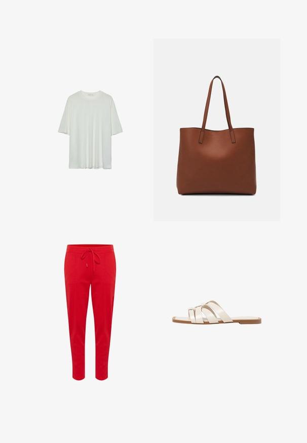 Biele tričko s krátkym rukávom, okrúhly výstrih, jemná bavlnená zmesová tkanina, voľný strih, bezšvový lem, minimalistický dizajn bez ozdôb.; Červené jogger nohavice vyrobené z mäkkého materiálu, s elastickým pásom na šnúrku a zúženým strihom nohavíc. Hladká textúra bez vzorov alebo akcentov.; Ploché sandále s hnedou gumovou podrážkou, navrhnuté s tromi prekrývajúcimi sa bielymi koženými popruhmi a malou mašličkou uprostred.; Hnedá kožená taška na rameno s hladkou textúrou, otvoreným vrchom a dvoma ramenými popruhmi. Má minimálne šitia a žiadne viditeľné kovania.