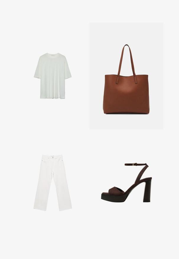 Weißes Kurzarm-T-Shirt, runder Halsausschnitt, weicher Baumwollmischstoff, lockere Passform, nahtsaum, minimalistisches Design ohne Verzierungen.; Weiße Denim-Hose mit weitem Beinschnitt, ausgestattet mit einem klassischen Fünf-Taschen-Design, Metallbeschlägen und Kontrastnähten. Glatte Textur und lockere Passform.; Braune Wildleder-Pumps mit offenem Zeh, verstellbarem Knöchelriemen und gestreiftem Plateausohlen.; Braune Leder-Tote mit glatter Textur, offenem Oberteil und zwei Schulterriemen. Verfügt über minimale Nähte und keine sichtbaren Beschläge.