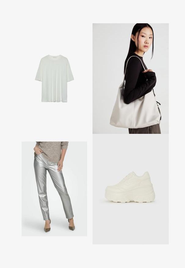 Bílý krátký rukáv tričko, kulatý výstřih, měkká kombinace bavlny, uvolněný střih, bezšvový lem, minimalistický design bez zdobení.; Stříbrné metalické slim-fit kalhoty s hladkým povrchem a jemnými vráskami. Nosené s světle hnědým pleteným svetrem a špičatými podpatky.; Bílé platformové tenisky s hladkým svrškem podobným kůži, zaobleným tvarem, polstrovaným límcem a texturovanou gumovou podrážkou s vyznačenými vzory.; Beige kabelka vyrobená z měkkého materiálu, s volným designem, prošívanými detaily a dvěma ramenními popruhy. Vhodná pro každodenní použití.
