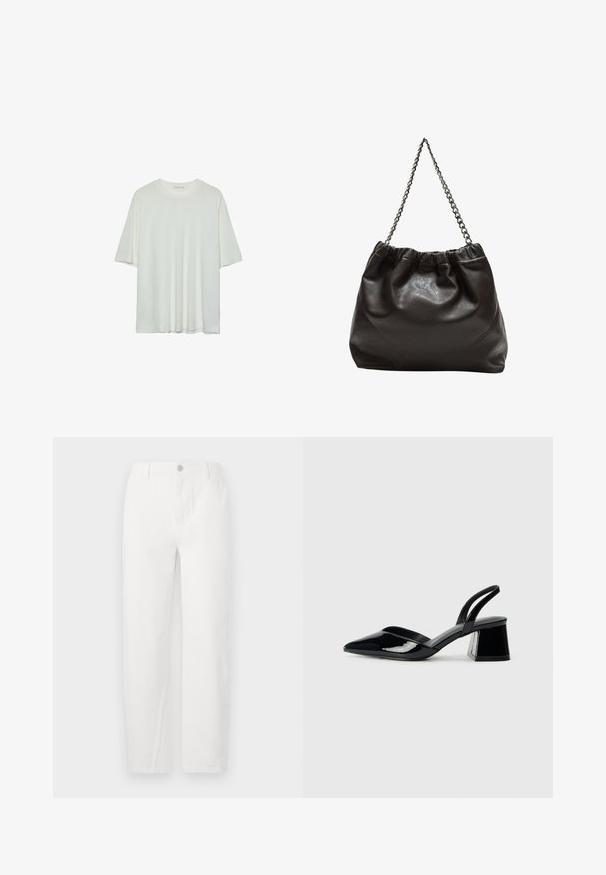 Hvid kortærmet t-shirt, rund halsudskæring, blød bomuldsblanding, afslappet pasform, sømløs kant, minimalistisk design uden udsmykninger.; Hvide straight-leg jeans lavet af denim, med knaplukning, to frontlommer og rene syninger. Simpelt design uden synlige mønstre.; Sorte patentlæder slingback hæle med spids tå og en geometrisk blok hæl. Har et elegant, minimalistisk design og en glat tekstur.; Brun lædertaske med en rynket top og en kædestrop. Glat tekstur med en blank finish og subtile sømdetaljer på siderne.