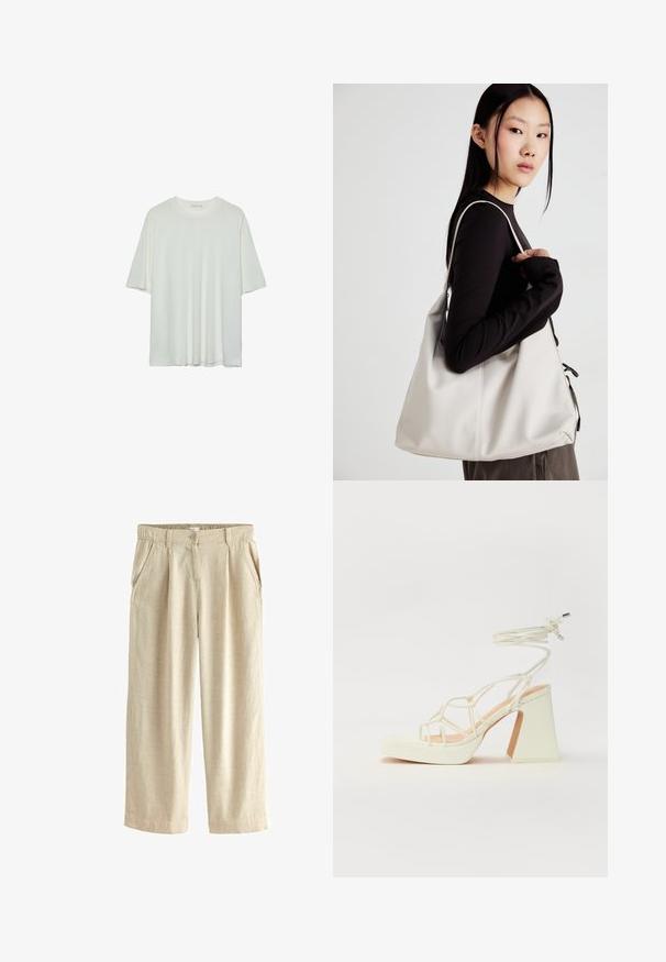 Bijela kratka t-shirtica s kratkim rukavima, okrugli izrez, mekan pamukasti materijal, opušteni kroj, bešavni rub, minimalistički dizajn bez ukrasa.; Next BLEND WIDE LEG - Hlače - natural; Bijela sandala na visokoj potpetici s debelim petom, s remenom i vezanjem oko gležnja. Glatka tekstura s platformom sprijeda za dodatnu visinu.; Bežna torba od mekog materijala s opuštenim dizajnom, šivanim detaljima i dva remena za rame. Pogodna za svakodnevnu upotrebu.