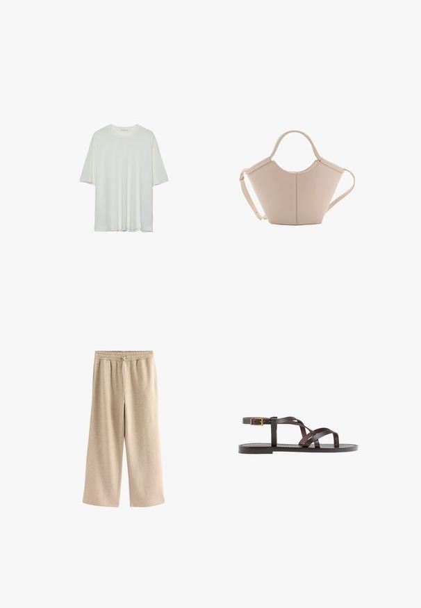 White short-sleeve t-shirt, round neckline, soft cotton blend fabric, relaxed fit, seamless hem, minimalistic design without embellishments.; Cream-colored wide-leg pants made of soft cotton blend fabric. Features an elastic waistband with drawstring and subtle speckled texture.; Brown leather sandal featuring crisscross straps, an ankle buckle closure, and a flat sole with minimal stitching details.; Beige leather handbag with a unique shape, featuring two short handles and a long adjustable strap. Smooth texture with minimal hardware.