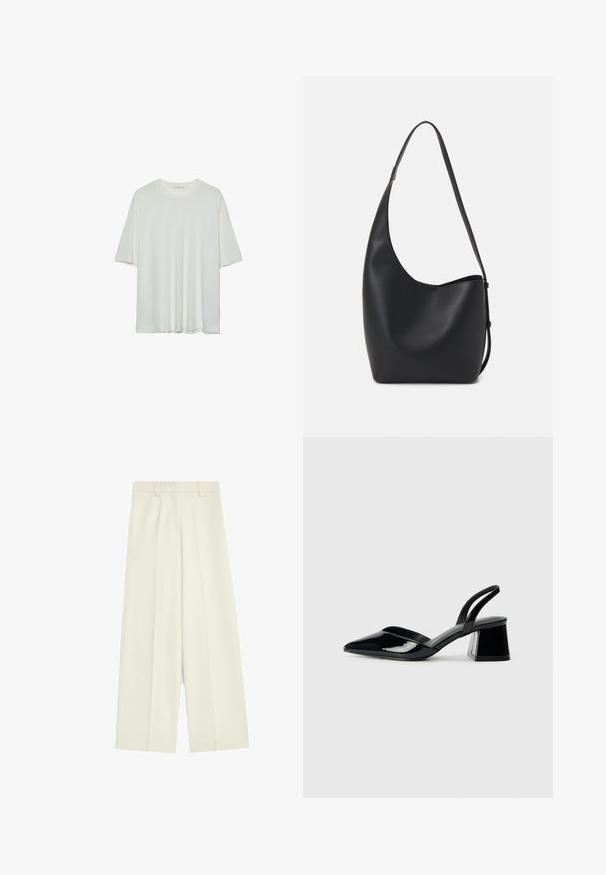Biała koszulka z krótkim rękawem, okrągły dekolt, miękka tkanina bawełniana, luźny krój, bezszwowy dół, minimalistyczny design bez zdobień.; Spodnie o szerokich nogawkach w kolorze off-white, charakteryzujące się gładką fakturą, przednimi zakładkami oraz prostym krojem od talii do dołu.; Czarne lakierowane półbuty na obcasie z wydłużonym noskiem i geometrycznym słupkiem. Charakteryzują się eleganckim, minimalistycznym designem oraz gładką fakturą.; Czarna skórzana torba hobo o gładkiej fakturze, zaokrąglonym kształcie i pojedynczym, regulowanym pasku; posiada szerokie otwarcie na górze.