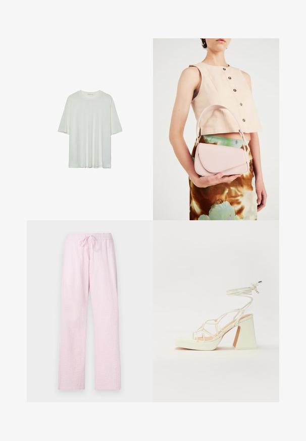 Bela majica s kratkimi rokavi, okroglo izrezana, mehka bombažna mešanica, sproščen kroj, brezšivna rob, minimalističen dizajn brez okrasnih elementov.; Svetlo roza pižama hlače iz teksturirane tkanine z ohlapnim krojem, ki imajo elastičen pas in vrvico za prilagajanje.; Bela sandala na visokih petah s debelim petam, ki ima obliko trakcev in vezanje okoli gležnja. Gladka tekstura z platformo spredaj za dodatno višino.; Roza usnjena torbica s ukrivljenim poklopcem, enim naramnim trakom in čistimi linijami. Torbica se ponaša z gladko teksturo in minimalističnim dizajnom.