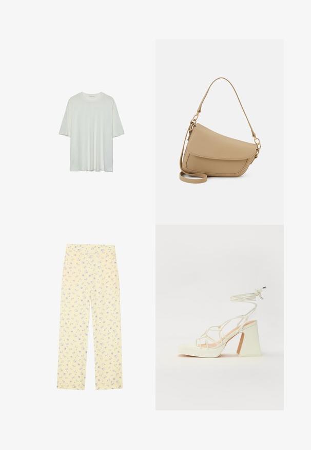 T-shirt blanc à manches courtes, col rond, en tissu doux en mélange de coton, coupe décontractée, ourlet sans couture, design minimaliste sans ornements.; Pantalons larges de couleur jaune clair avec un motif floral en bleu. Taille élastique, texture douce et coupe droite conçue pour le confort.; Sandale blanche à talons hauts avec un talon épais, présentant un design à lanières et un lien autour de la cheville. Texture lisse avec une plateforme à l'avant pour une hauteur supplémentaire.; Even&Odd Sac à main - beige