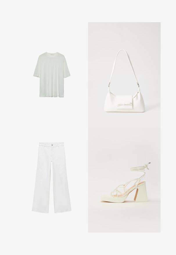 Bílý krátký rukáv tričko, kulatý výstřih, měkká kombinace bavlny, uvolněný střih, bezšvový lem, minimalistický design bez zdobení.; Bílé, široké džíny s knoflíkovým zapínáním a pěti kapsami, vyrobené z denimu s hladkou texturou, s klasickým designem.; Bílé sandály na vysokém podpatku s robustním podpatkem, s designem s pásky a zavazováním kolem kotníku. Hladký povrch s platformou vpředu pro zvýšení výšky.; Bílá syntetická kabelka v trojúhelníkovém tvaru, s plochým předním klopným víkem a detailem mašle, nastavitelným popruhem, hladkým povrchem a minimalistickým designem.