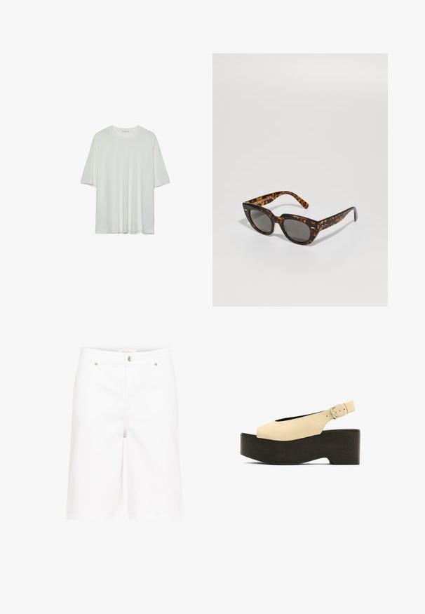 Bílý krátký rukáv tričko, kulatý výstřih, měkká kombinace bavlny, uvolněný střih, bezšvový lem, minimalistický design bez zdobení.; Bílé denimové bermudy s rovnými nohavicemi, vybavené předním zapínáním na knoflík, poutky na opasek a dvěma předními kapsami. Hladký povrch.; Béžové semišové platformové sandály s otevřenou špičkou, designem se slingback a tmavým dřevěným podstavcem, s kovovou sponou pro nastavení.; Sluneční brýle s kočičími ušima a šedými skly. Mají úhlové obroučky, lesklý povrch a decentní logo na stranách.; Tkaná hnědá kabelka s obdélníkovým tvarem, pevnou rukojetí a texturovaným povrchem. Disponuje uzavřeným vrchem a složitým vzorem tkaní.